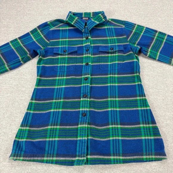 Patagonia Womens 2 Organic Cotton Flannel Plaid Button Down Shirt Blue Green - Picture 14 of 16